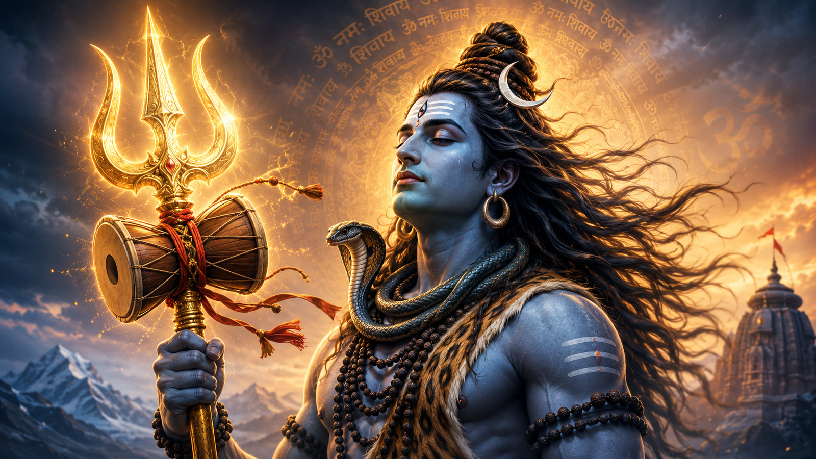 Celestial digital art of Lord Shiva sitting on a giant glowing lotus holding a golden trishul.