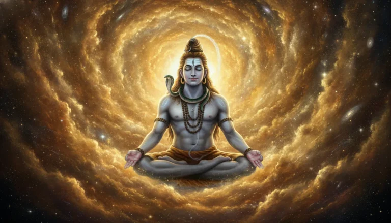 Lord Shiva meditating amidst a swirling golden nebula in deep space.