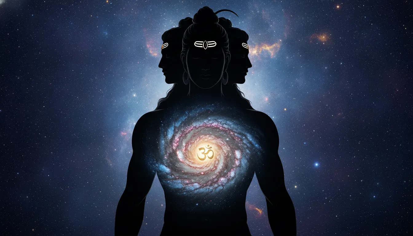 A dark cosmic silhouette of three-faced Shiva with a bright spinning galaxy inside his chest.