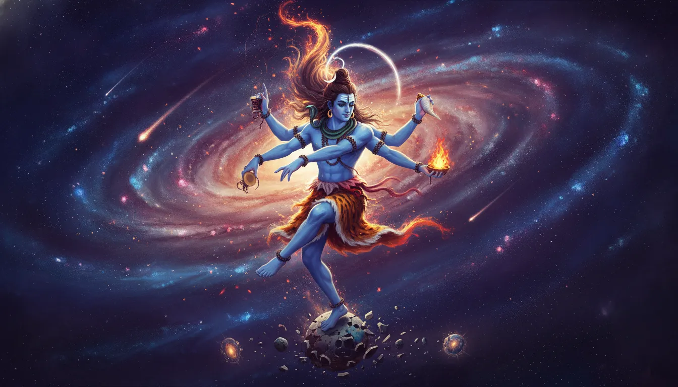Angry Lord Shiva performing the cosmic Tandav dance of destruction and creation.