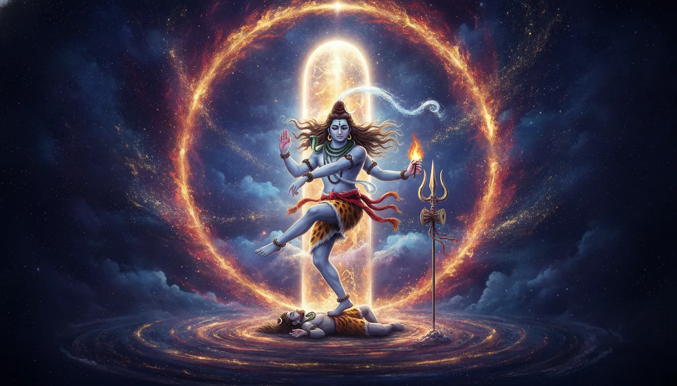 Lord Shiva performing the cosmic Tandava dance surrounded by divine energy around a massive flaming Shivling.