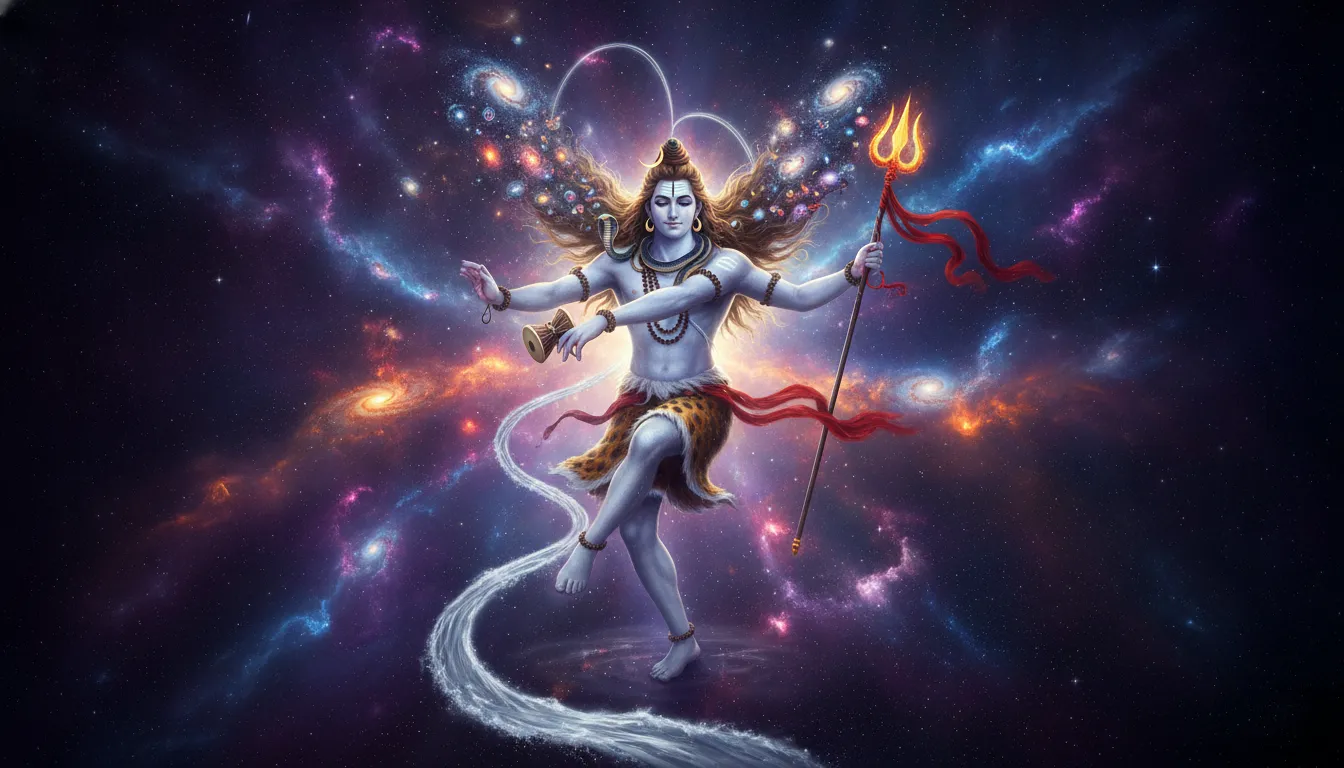 Har mahadev photo showing lord shiva performing cosmic tandava dance in space