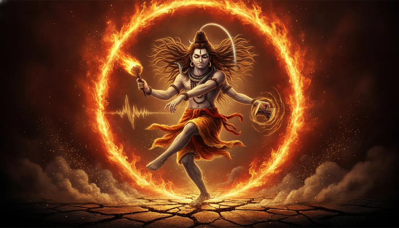 Angry Lord Shiva performing the divine cosmic Tandava dance in fire