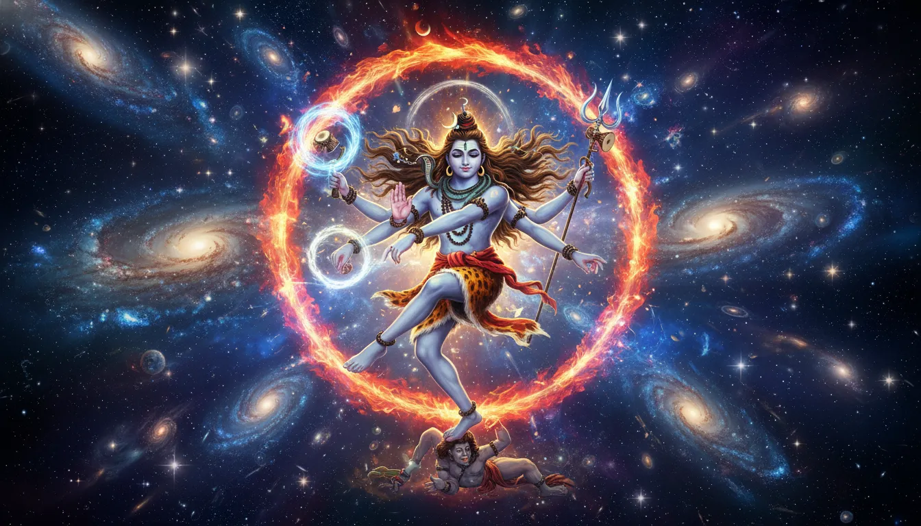 Action shot of Lord Shiva performing cosmic Tandava dance in ultra HD 1080p resolution.