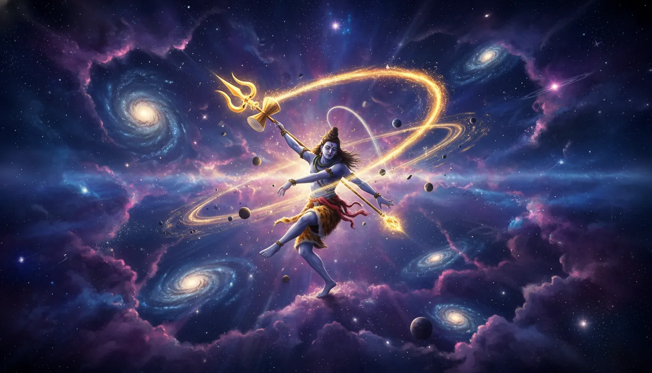 Abstract digital art of Lord Shiva performing the Tandava dance holding a golden trishul.