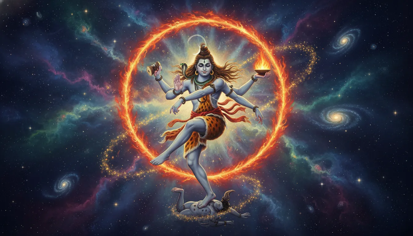 Lord Shiva performing the divine cosmic dance of Tandava inside a ring of spiritual fire.