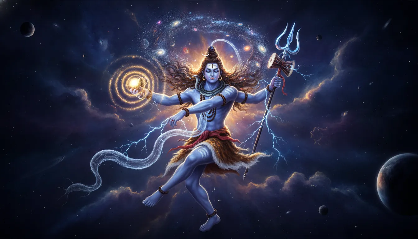 Har Har Mahadev photo showing Lord Shiva performing Cosmic Tandava dance in universe