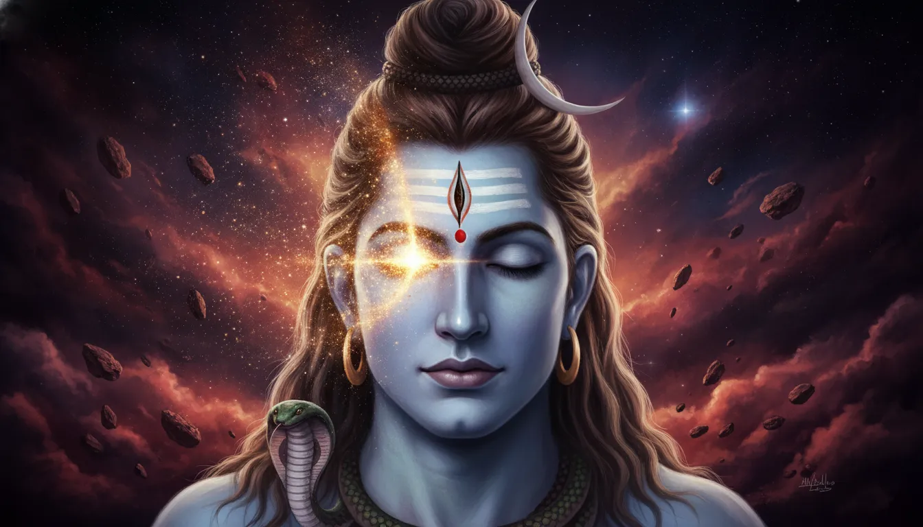 Lord Shiva with his third eye opening and releasing a beam of golden cosmic energy into space.