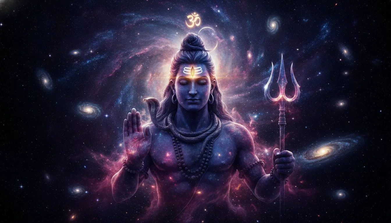 Har har mahadev hd photo with a beautiful cosmic galaxy and stars background.
