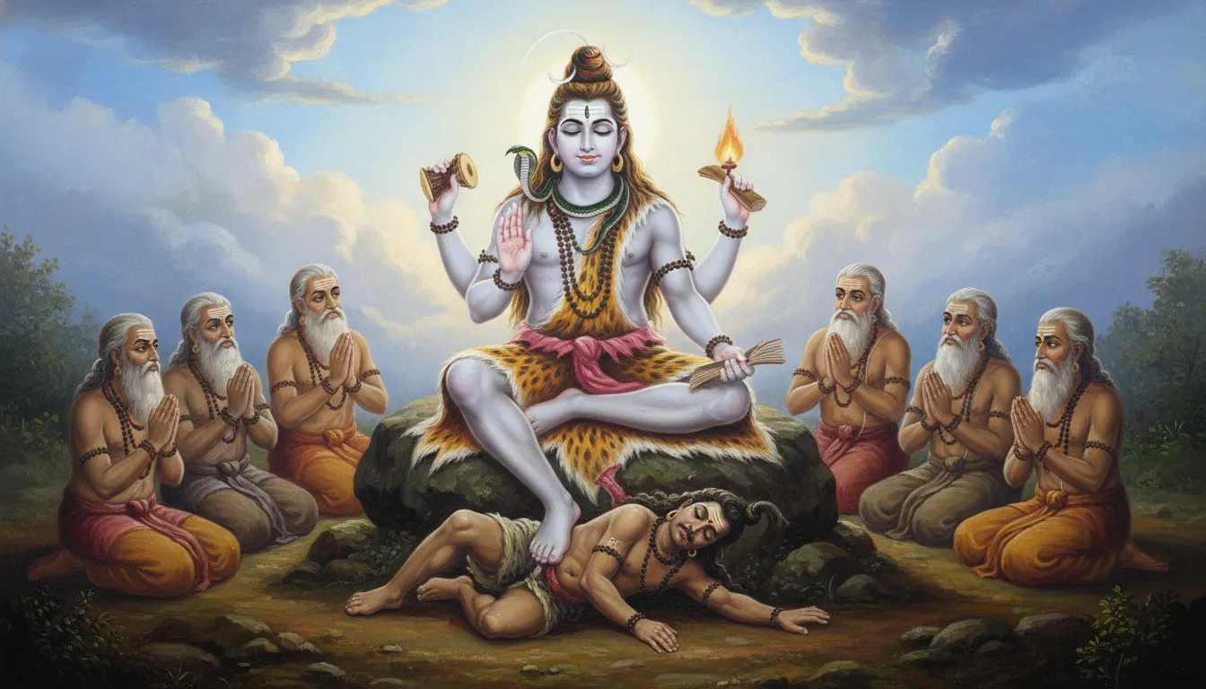 Lord Shiva teaching the sages while placing his right foot on Apasmara, the mythical dwarf representing ignorance.