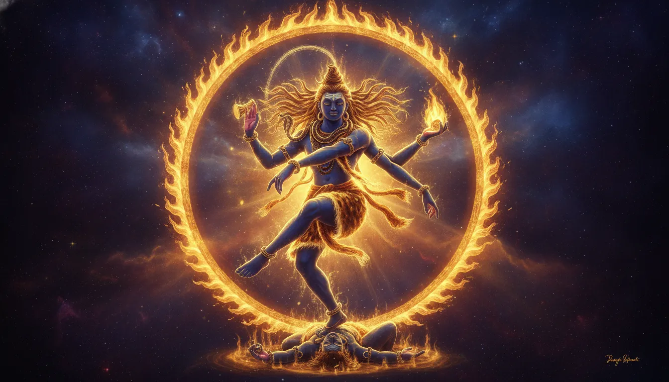 Nataraja form of Lord Shiva dancing inside a fiery golden cosmic ring.