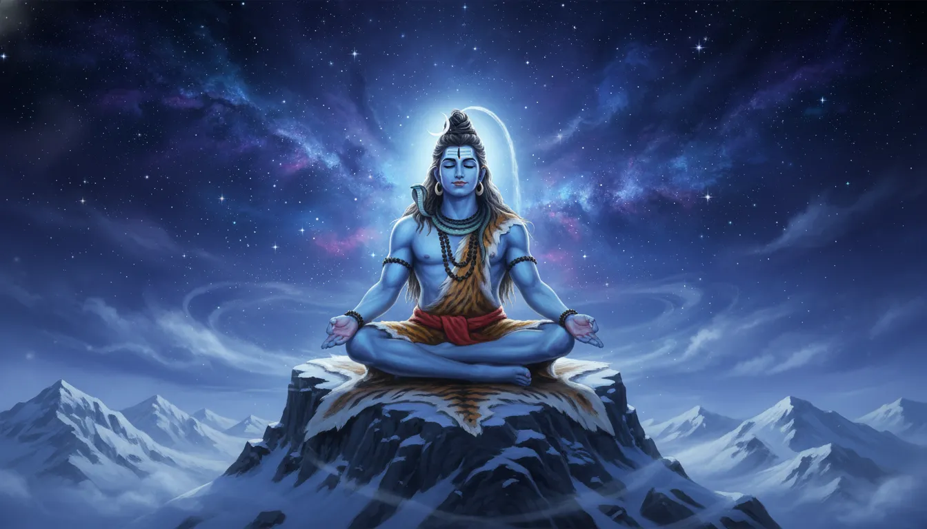 Lord Shiva meditating on a snowy Himalayan peak under a swirling cosmic nebula.