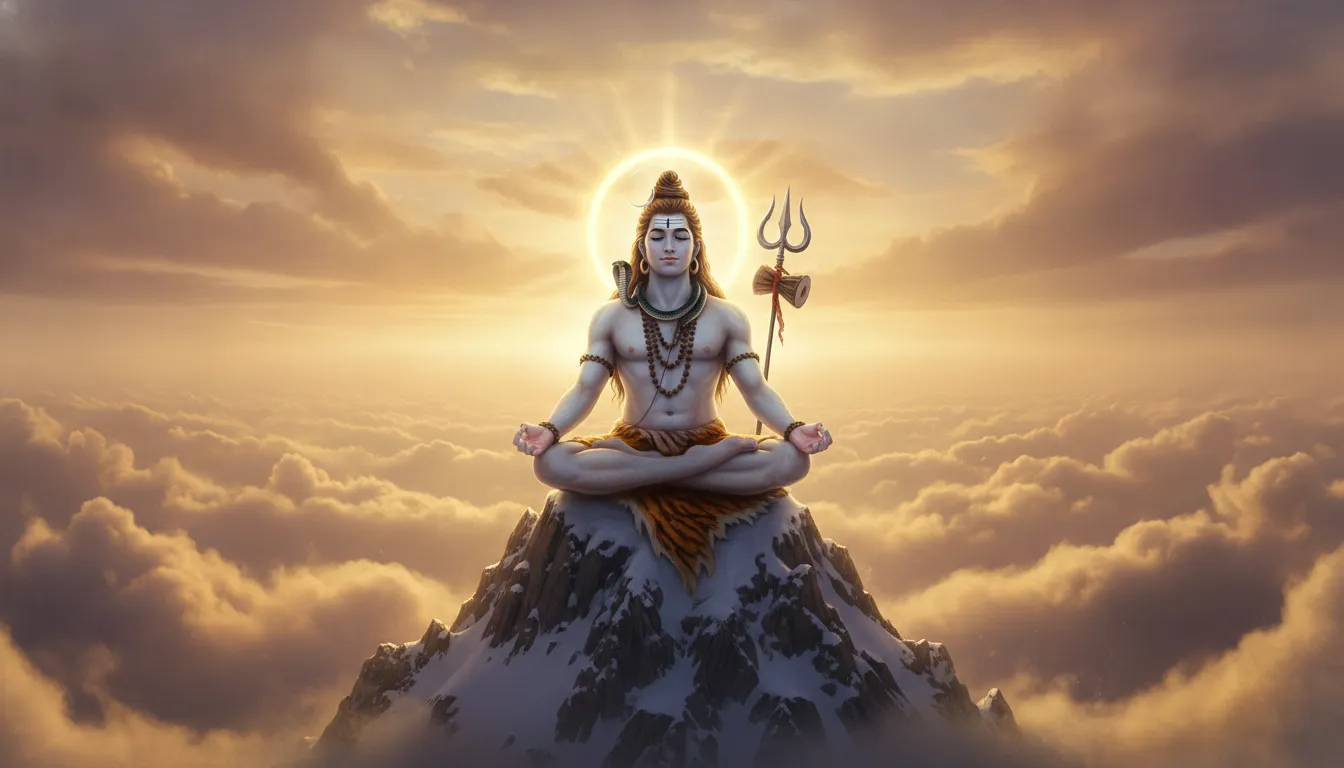 Lord Shiva sitting in a meditative yoga pose on a high mountain summit enveloped in golden mist.