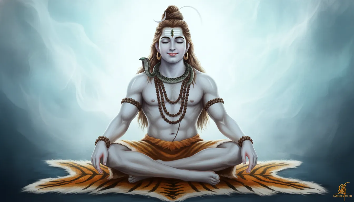 Close-up artistic view of Lord Shiva in deep Samadhi meditation seated on a tiger skin mat.