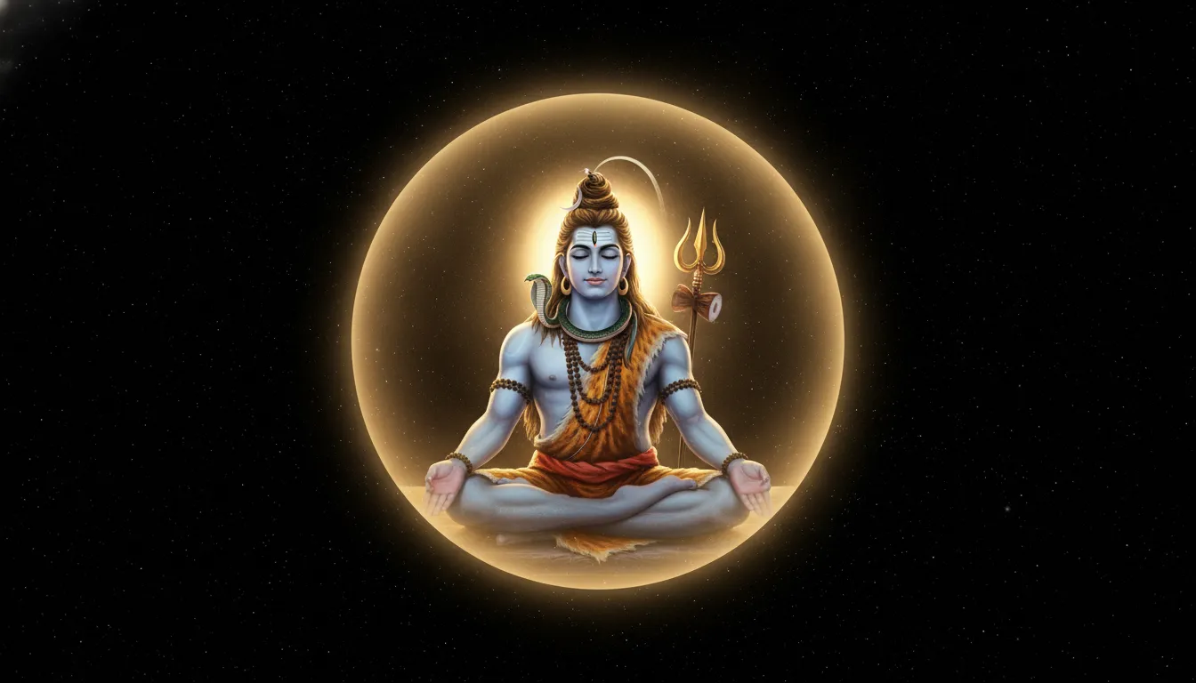 Lord Shiva seated peacefully inside a bright luminous golden orb of light.