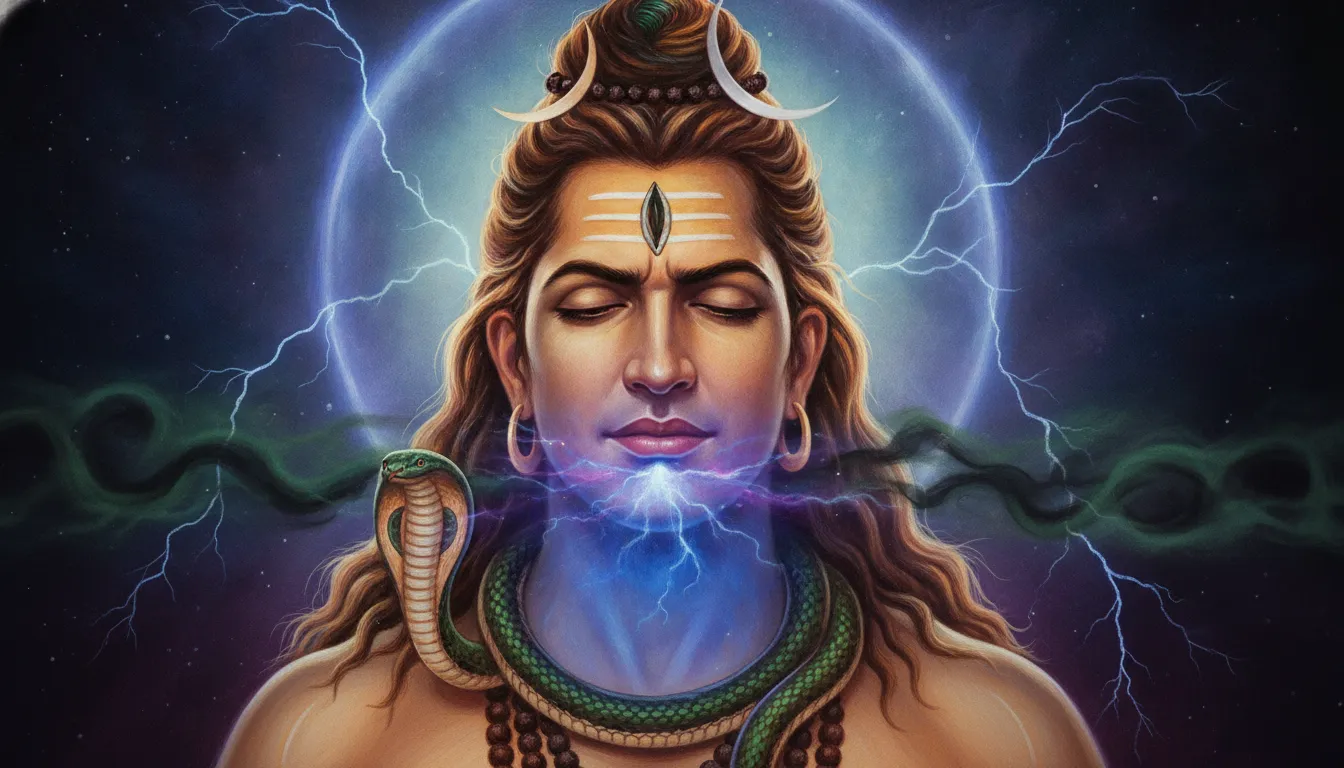 Lord Shiva holding the blue poison in his throat while surrounded by a violet energy field.