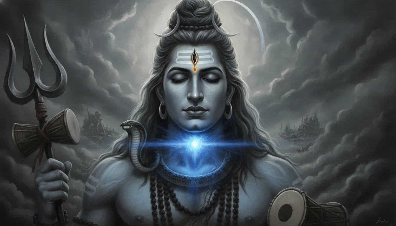 A dramatic painting of Lord Shiva with a glowing blue throat, symbolizing the consumption of cosmic poison.