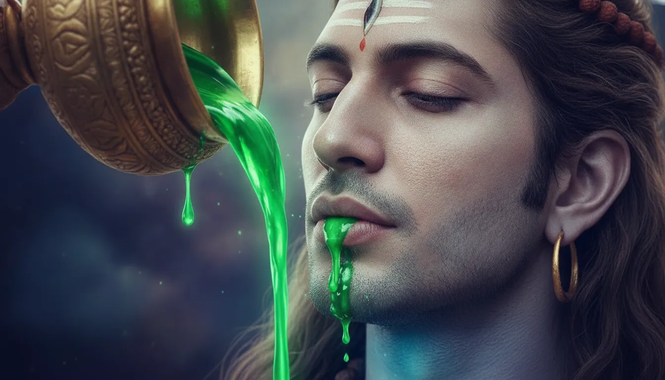 Extreme close up of Lord Shiva drinking the glowing green poison from a golden bowl.