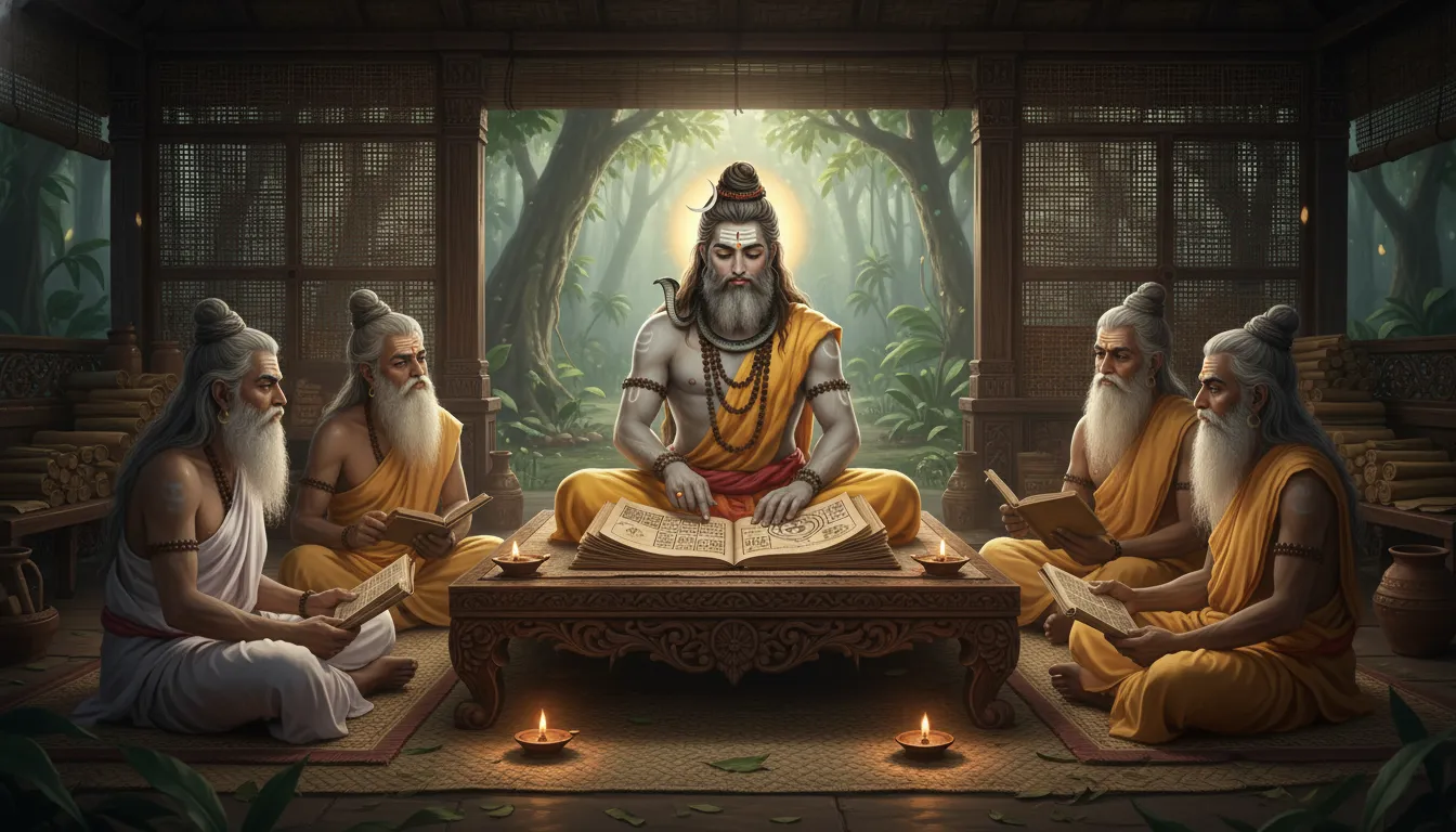 Lord Shiva gesturing toward ancient palm-leaf manuscripts while explaining the Vedas to attentive sages.