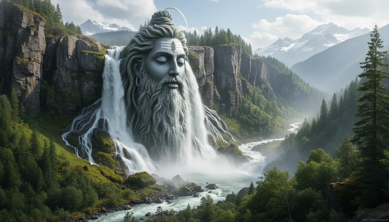 A massive natural waterfall flowing over a cliff face that resembles the serene profile of Lord Shiva.