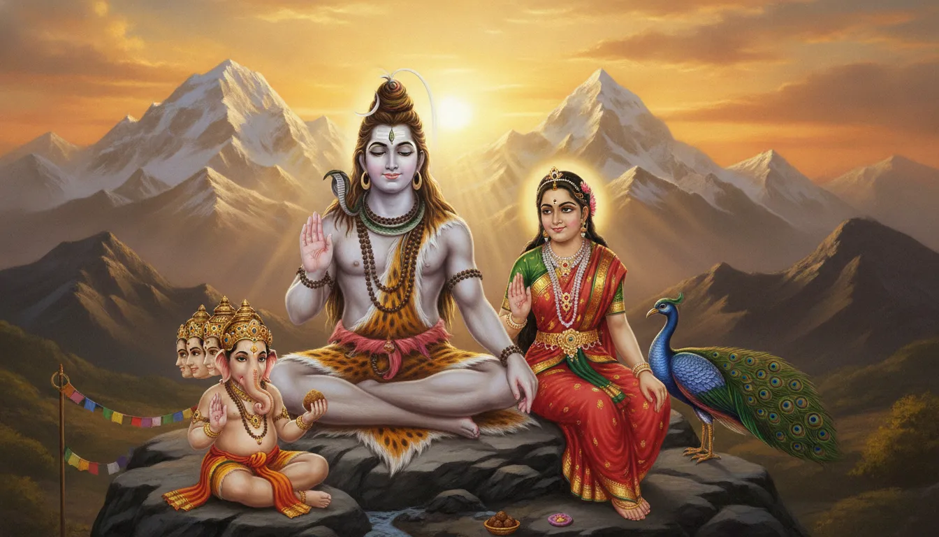 Lord Shiva raising his hand in blessing with Goddess Parvati, Ganesha, and Kartikeya on Mount Kailash