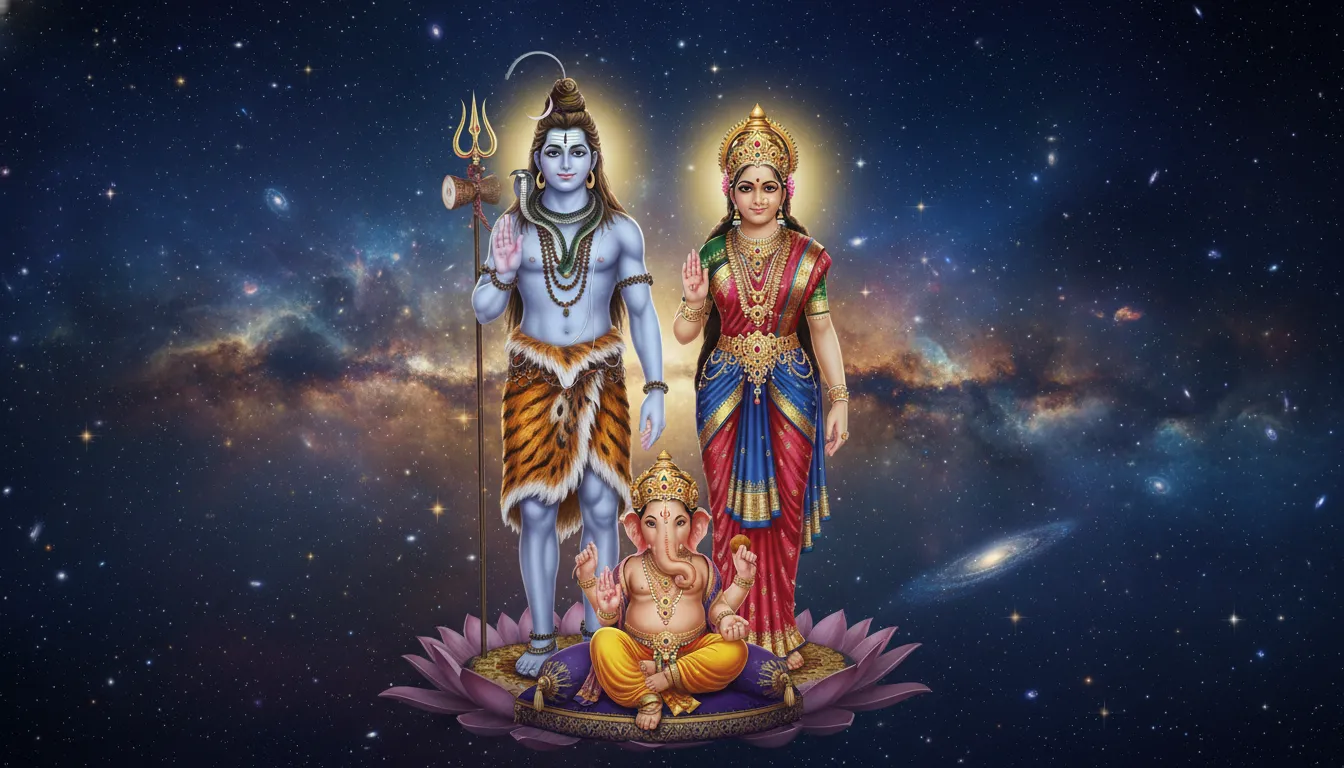 3D render wallpaper of Shiva family with hands raised in a protective blessing posture