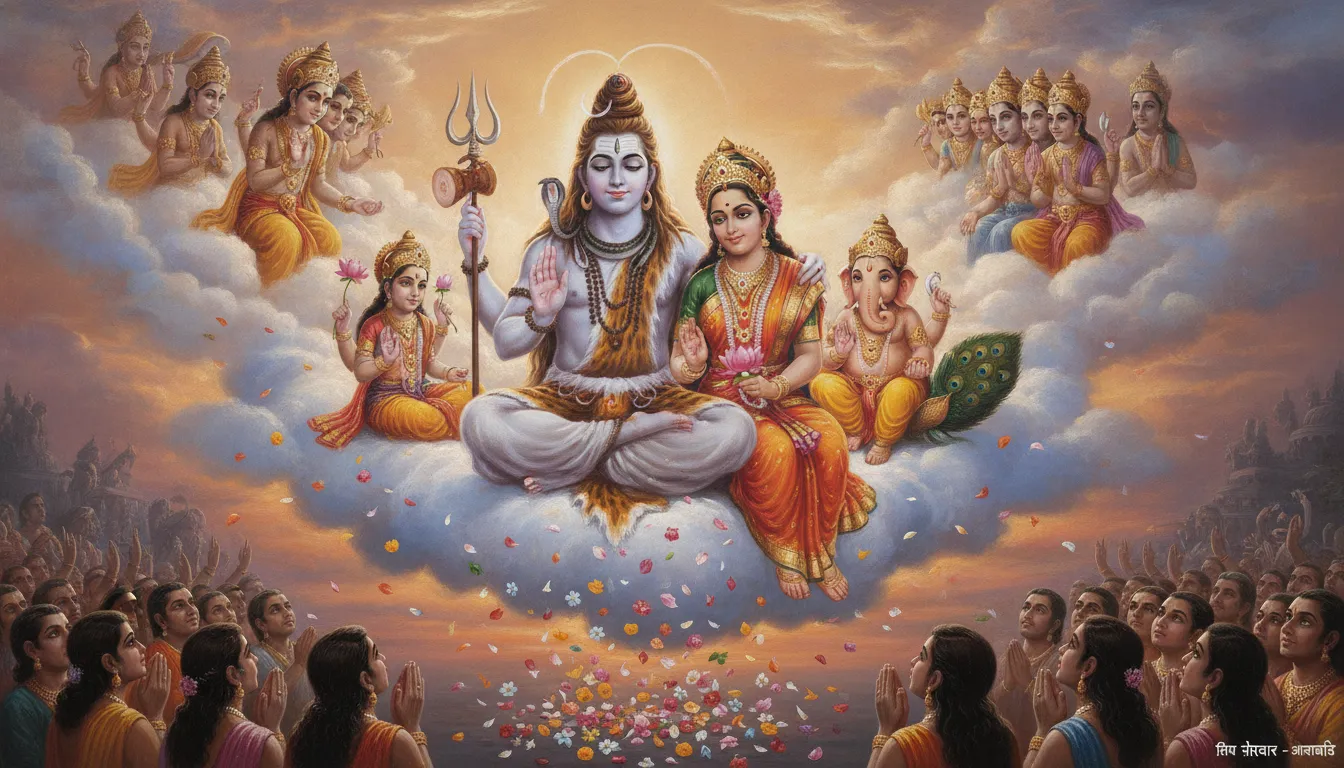 Detailed painting of Shiva family extending their hands in Varada Mudra blessing their devotees from a cloud platform.