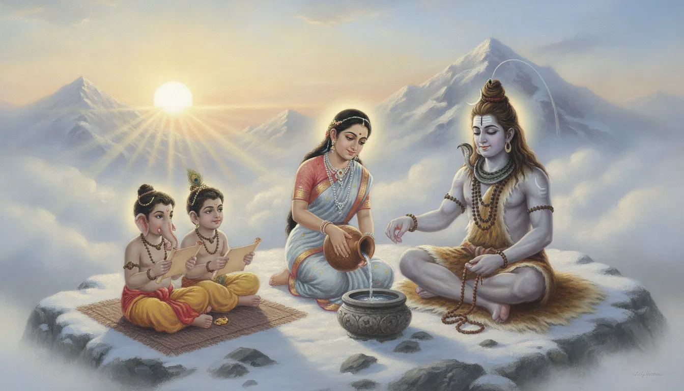A gentle morning scene showing Goddess Parvati pouring holy water while Shiva and his sons prepare for the day.