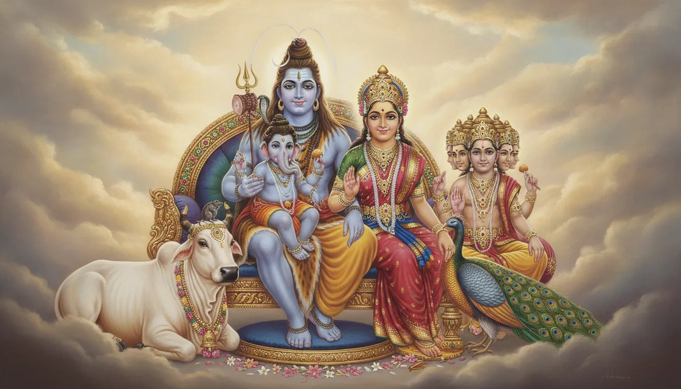A divine family portrait featuring Lord Shiva, Goddess Parvati, Lord Ganesha, and Lord Kartikeya sitting together on Mount Kailash.
