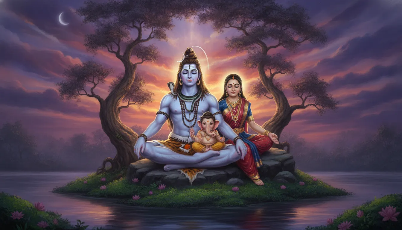 Lord Shiva, Parvati, and young Ganesha meditating together against a serene Himalayan twilight background.