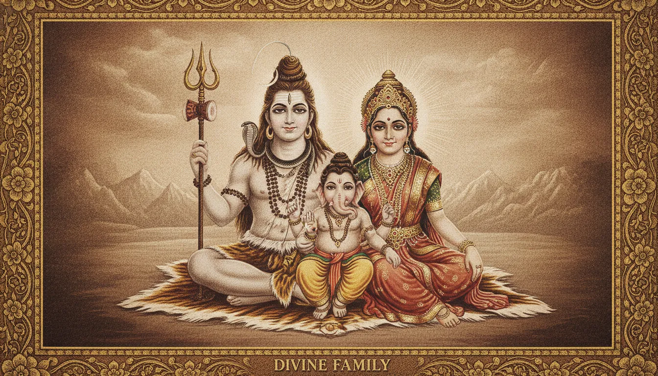 A classic vintage lithograph style portrait of the holy family consisting of Shiva, Parvati, and child Ganesha.