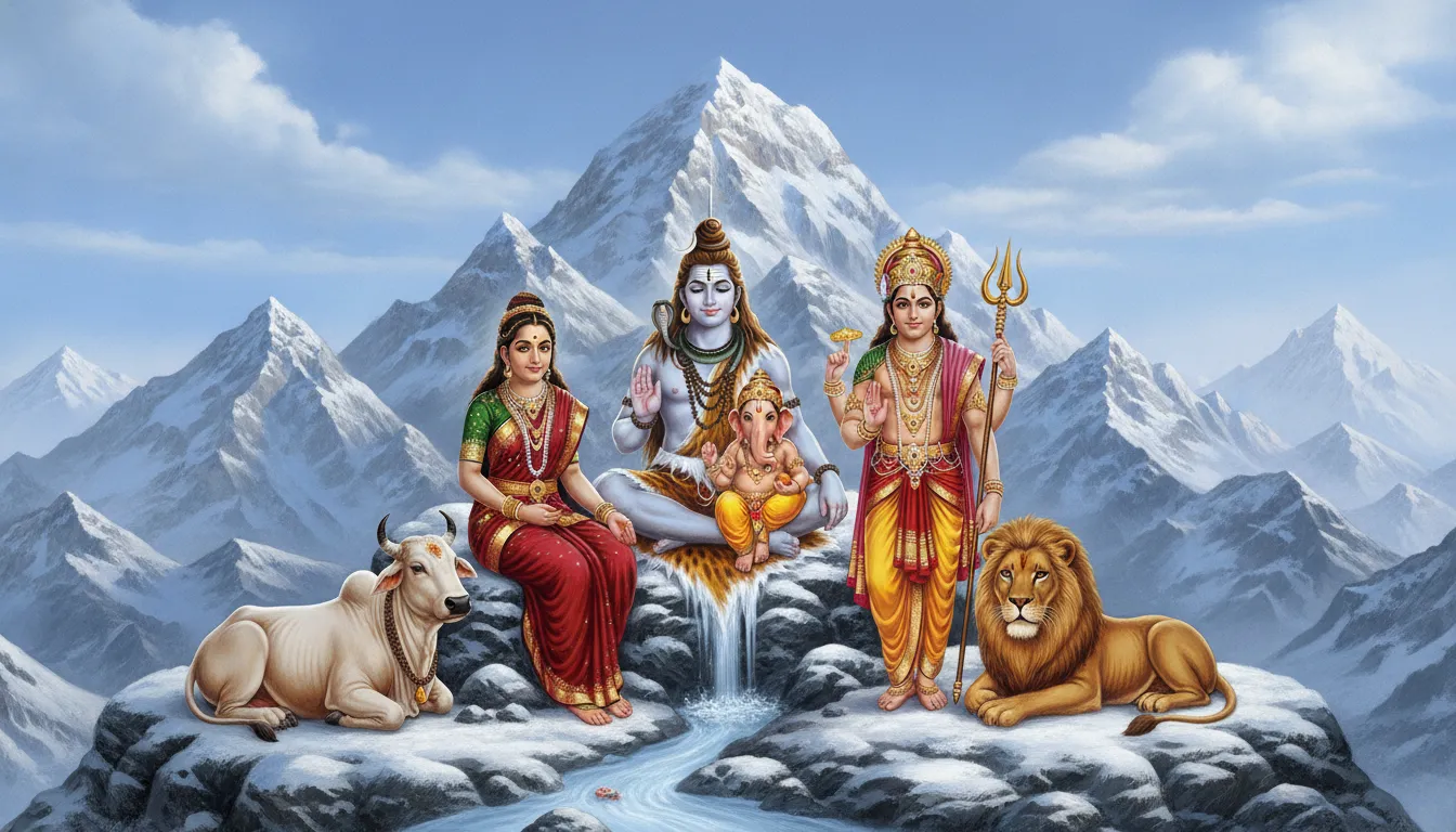 Lord Shiva family seated together on Mount Kailash with sacred animals