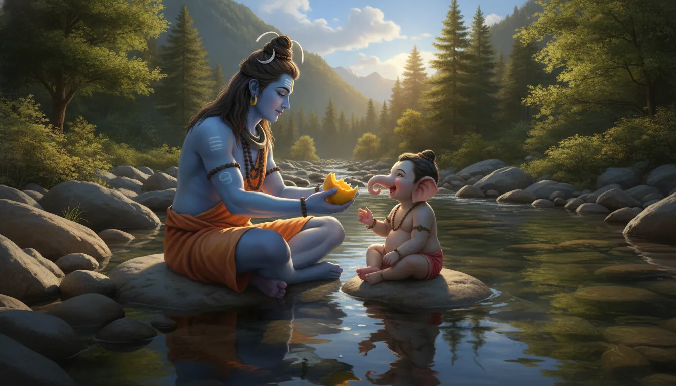 Lord Shiva sitting near a river stream and gently feeding a ripe mango fruit to a happy baby Ganesha.