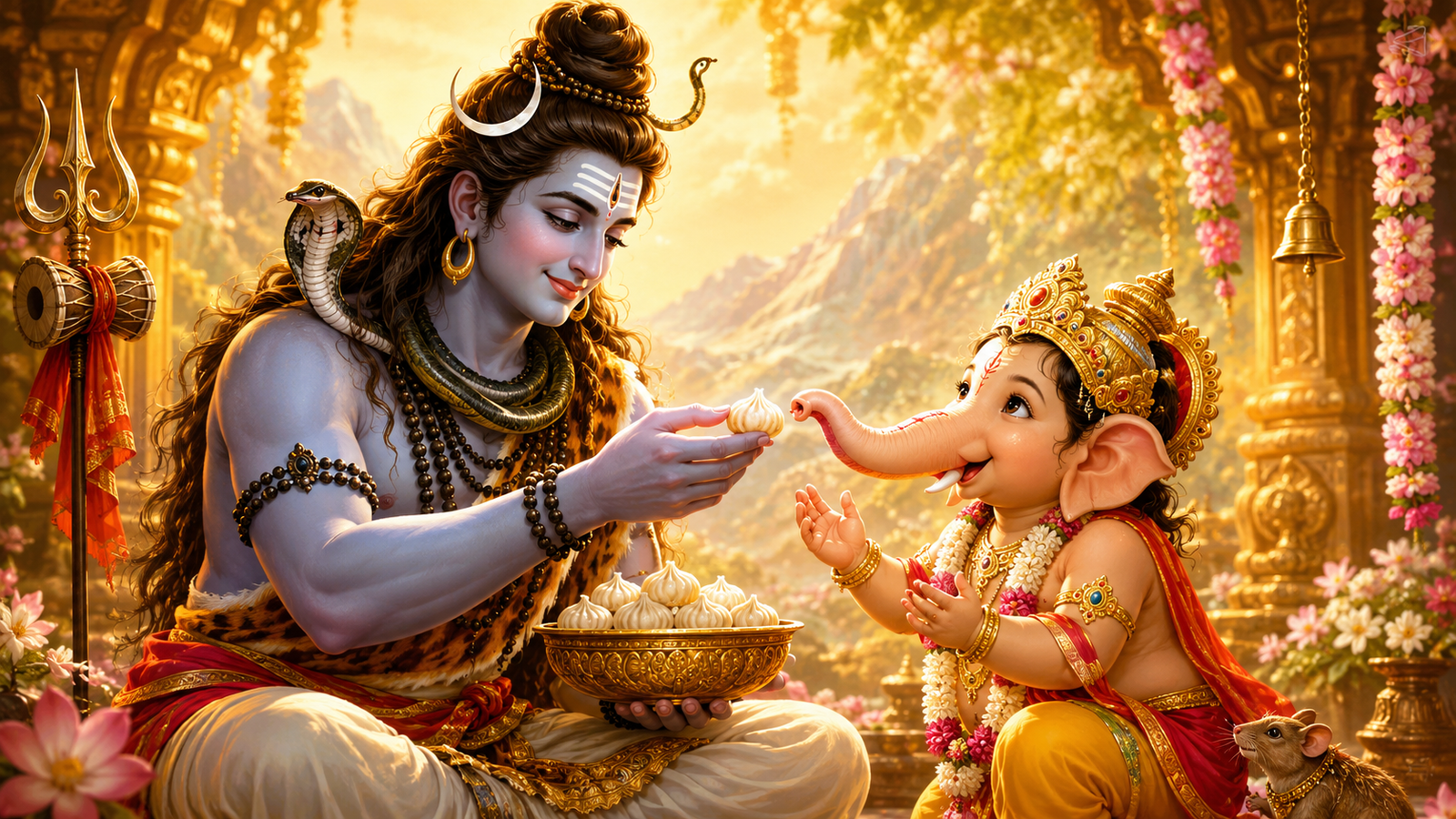 Lord Shiva smiling as he offers a sweet modak to a thrilled baby Ganesha.