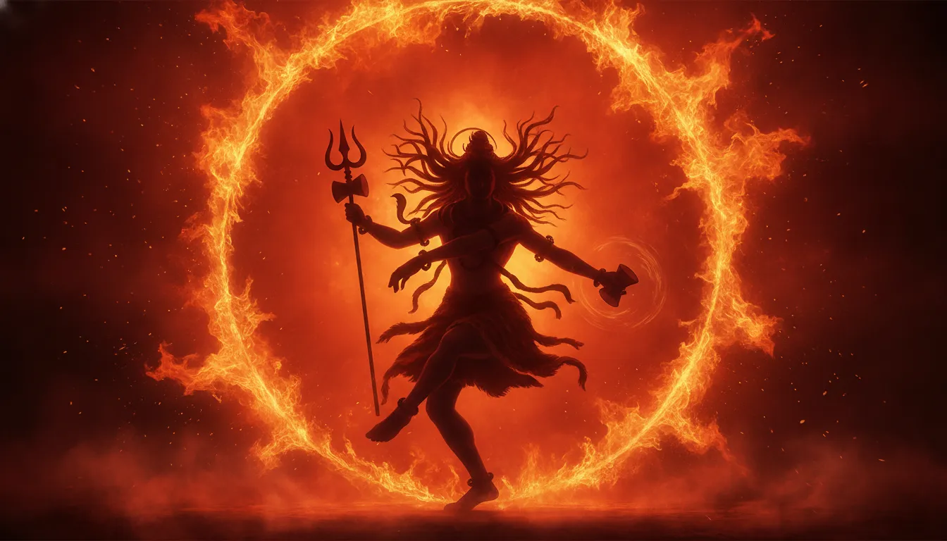 A dark silhouette of Lord Shiva performing the Tandava dance against a backdrop of fierce orange fire.