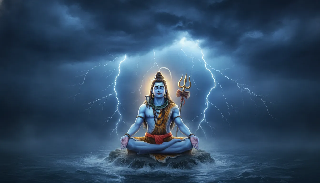 Lord Shiva sitting calmly in meditation while blue lightning strikes in the background.