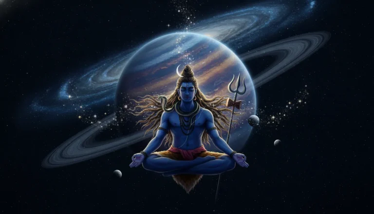Lord Shiva floating peacefully in zero gravity surrounded by distant planets and stars.