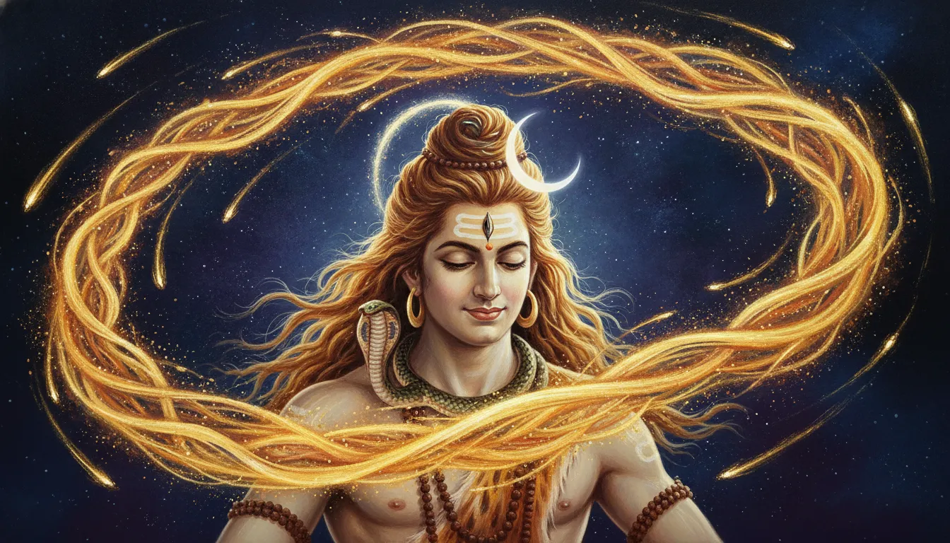 Close up of Lord Shiva with flying matted hair during his cosmic dance with golden sparks.