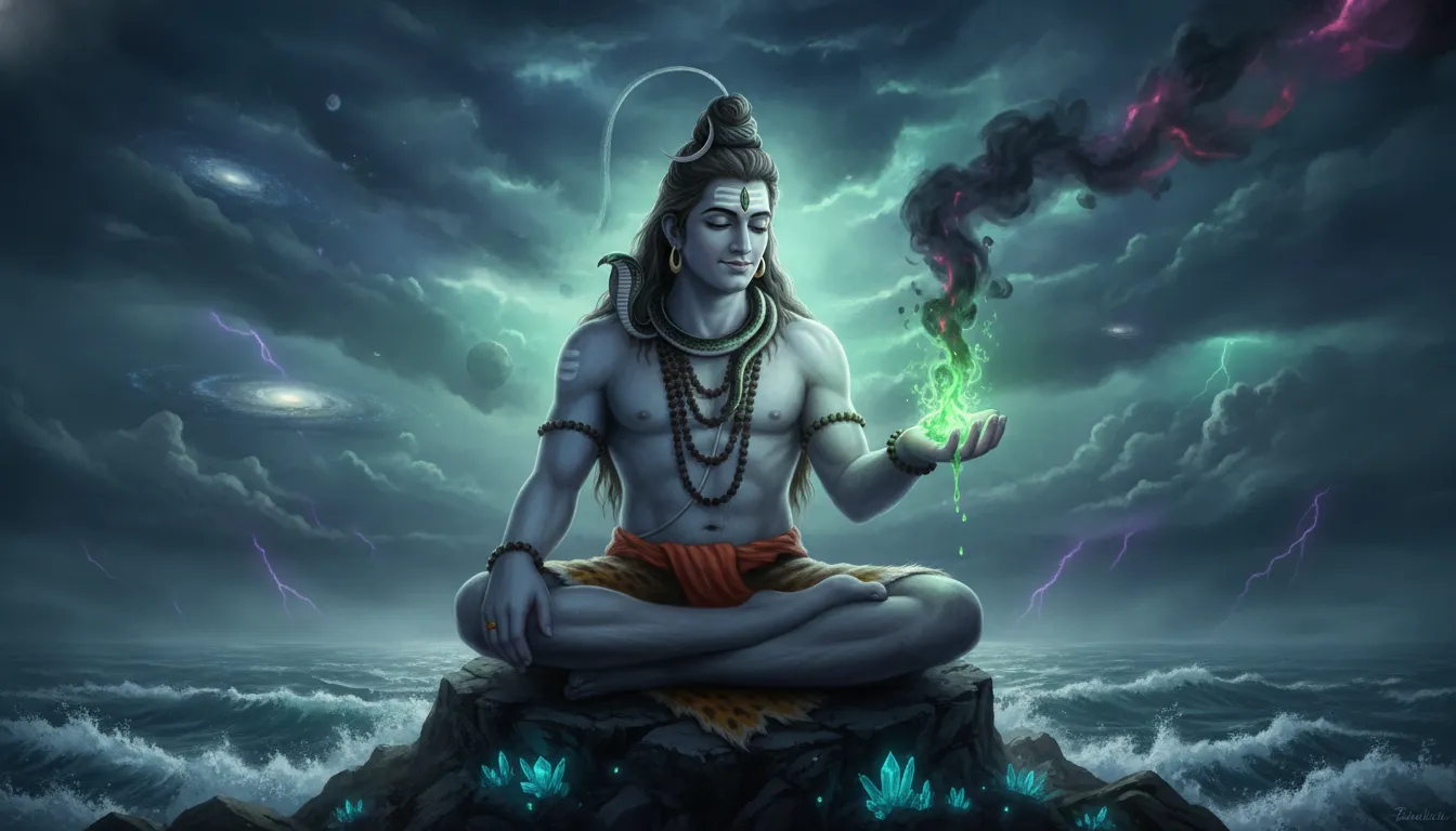Lord Shiva holding the toxic green Halahala poison in his palm before drinking it.
