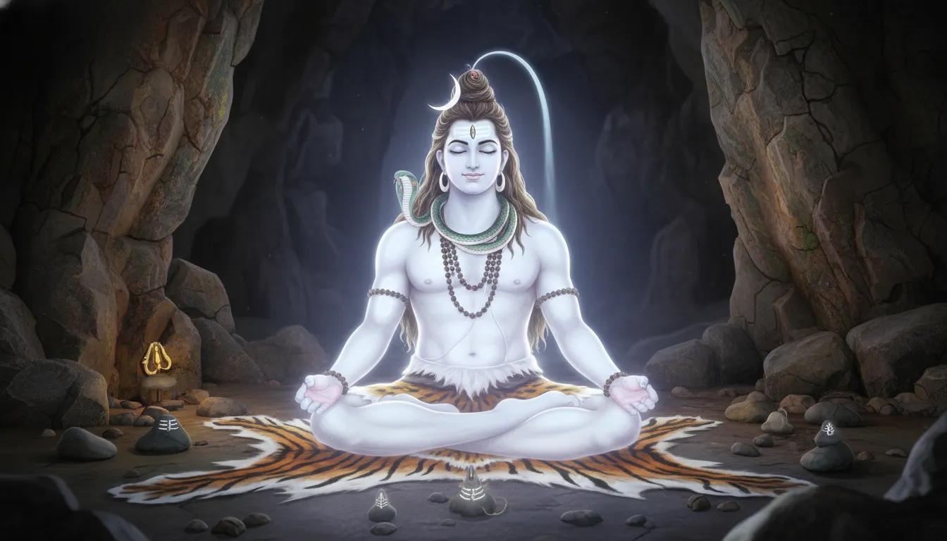 Lord Shiva radiating a bright white divine light while meditating on a tiger skin in a cave.