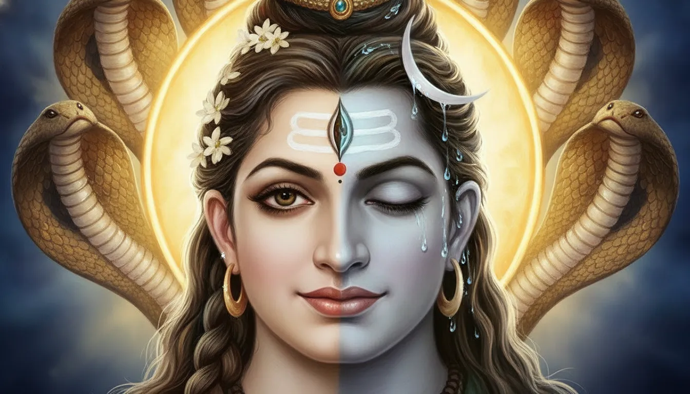 Close up artwork of Lord Shiva with a brilliant golden aura and a multi-headed cobra.