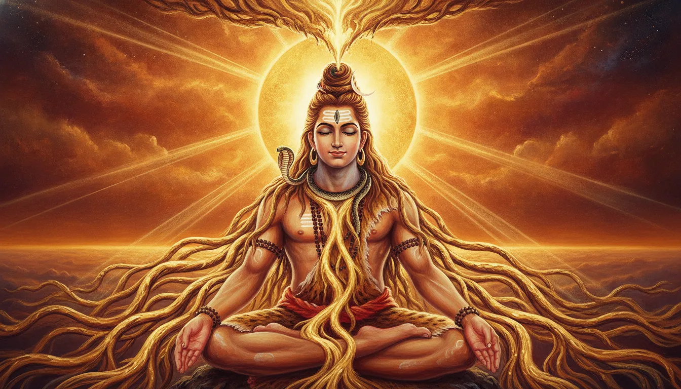 Lord Shiva locking the river Ganga in his hair under a golden cosmic sky.