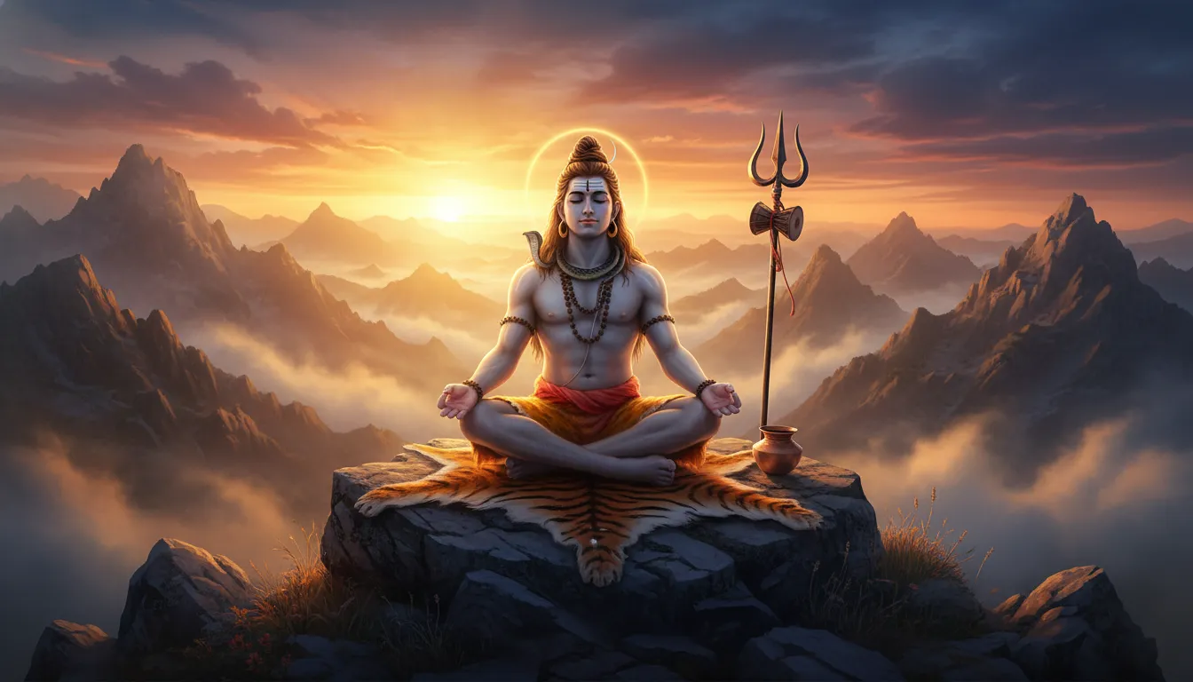 Lord Shiva meditating on a tiger skin during a vibrant golden sunrise in the mountains.