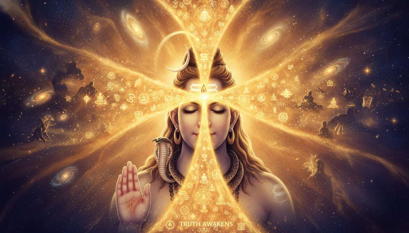 Lord Shiva opening his third eye with a beam of golden cosmic light.
