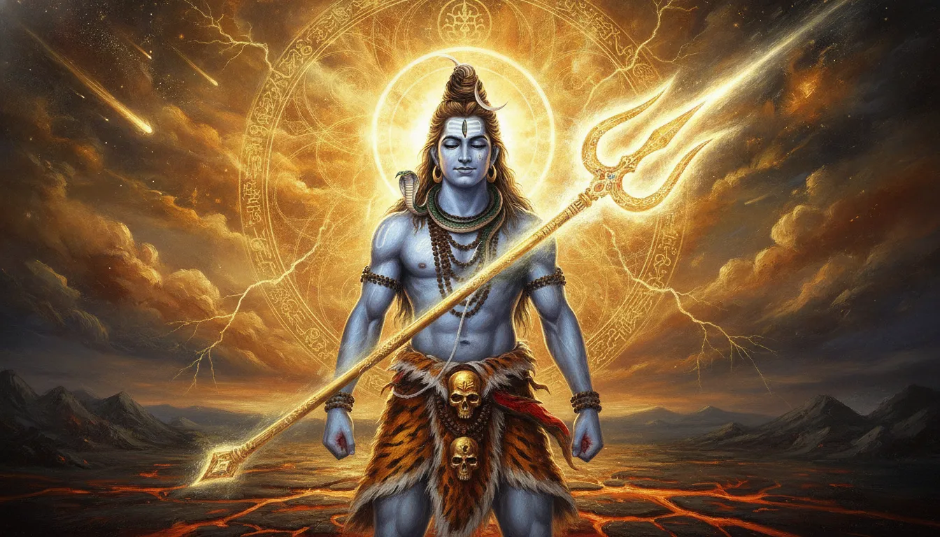 Lord Shiva holding a glowing golden Trishul against a cosmic backdrop.