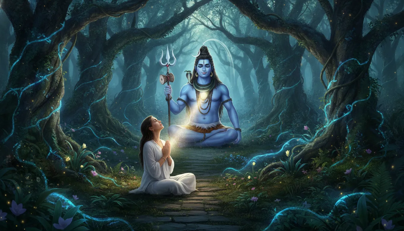 Majestic Lord Shiva holding a trident and blessing a peaceful woman in a secret glowing forest.