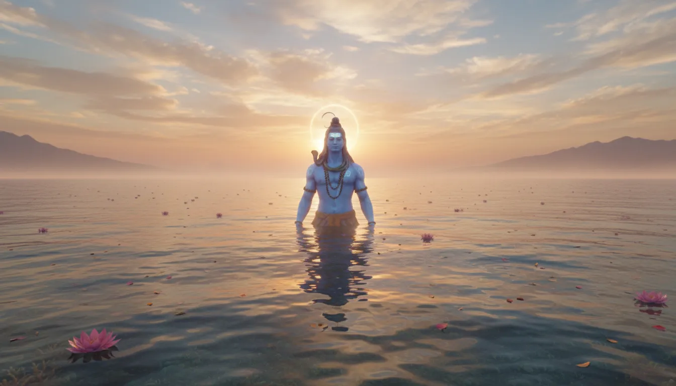 Lord Shiva standing in the ocean facing a bright rising sun at dawn.