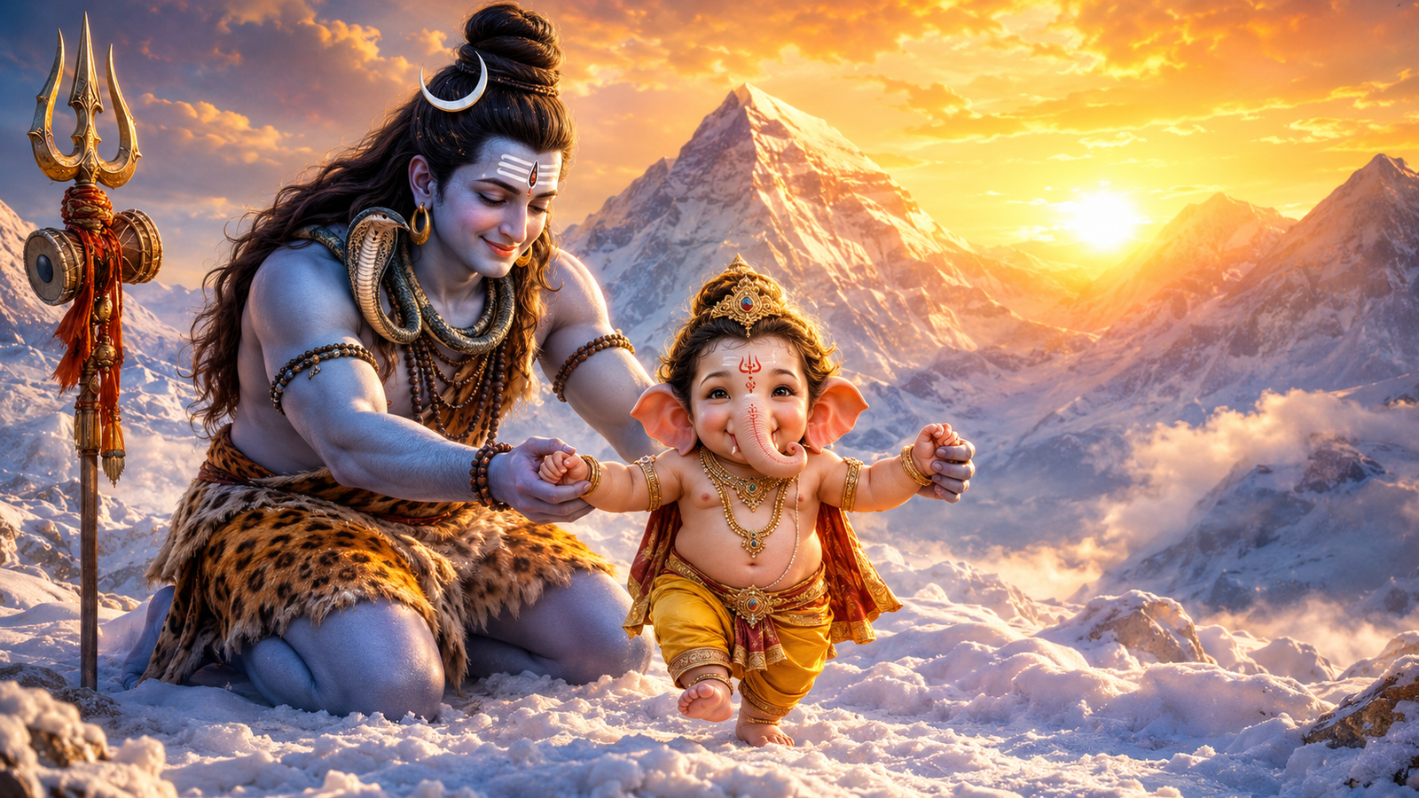 Lord Shiva holding the hands of infant Ganesha as he takes his first steps on Mount Kailash.