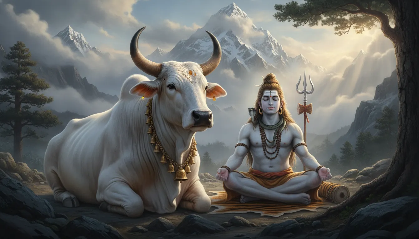 A massive white Nandi bull sitting peacefully next to a meditating Lord Shiva on a mountain.