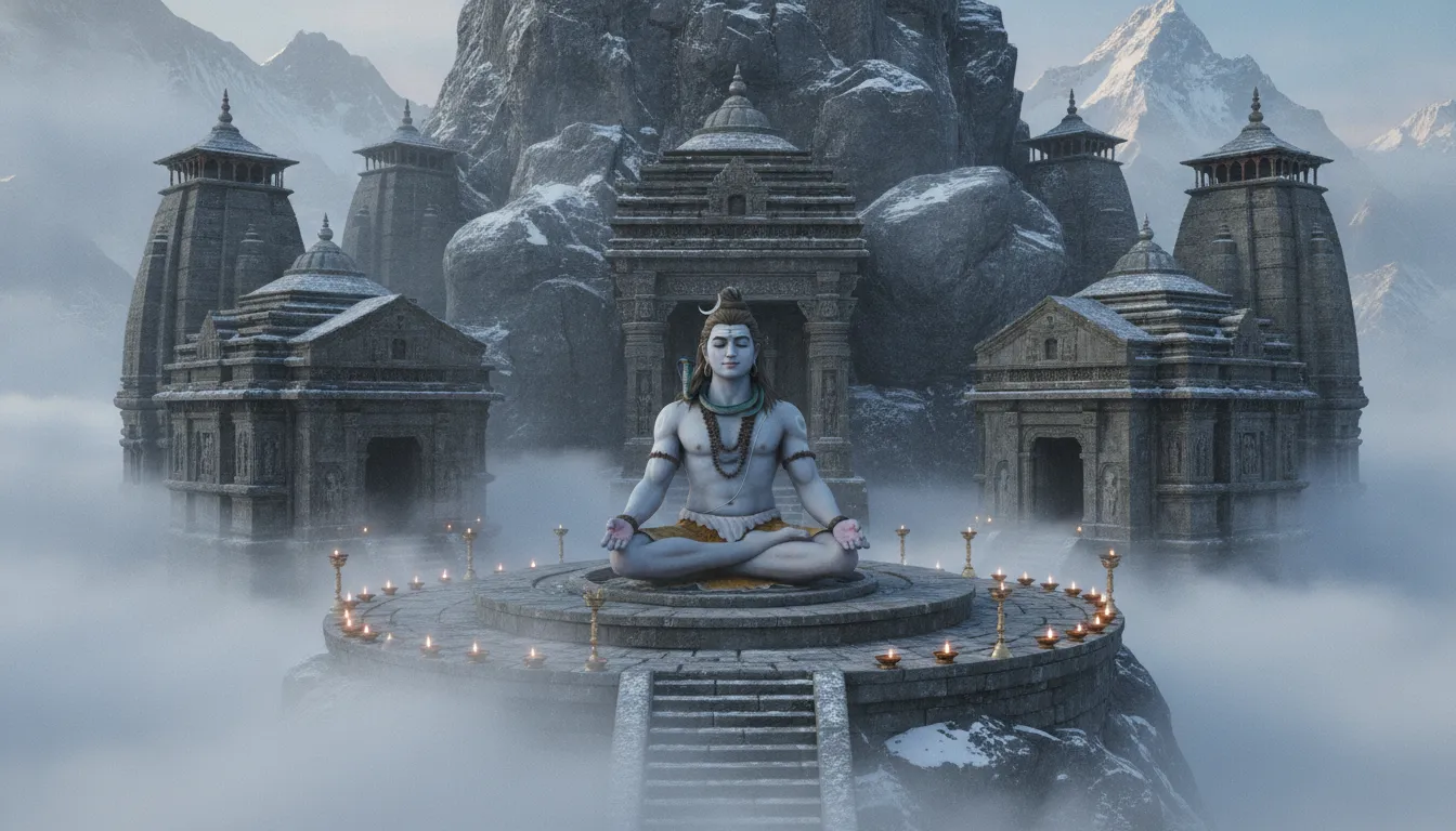 Lord Shiva meditating amidst old rock-cut Himalayan temples covered in snow.